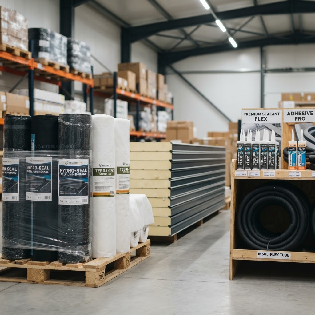Waterproof membrane rolls, geotextile and sandwich panels in a warehouse