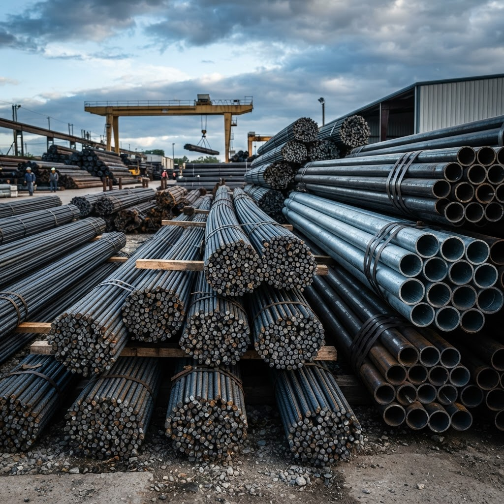 Bundled steel rebar and pipes in an industrial yard