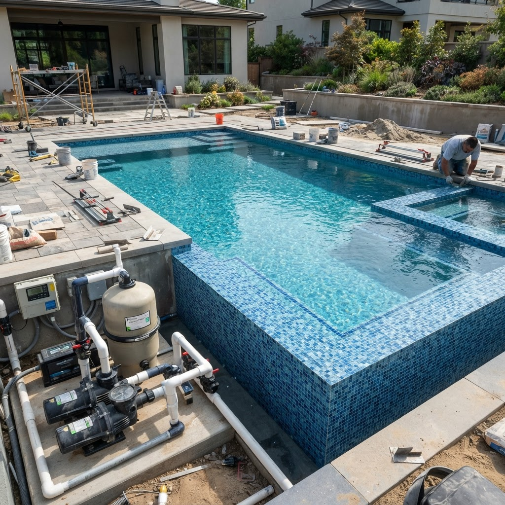 Modern swimming pool with blue mosaic tiles and equipment